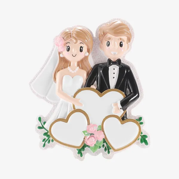OR3100 - Happy Wedding Couple in Wedding Dress and Tuxedo with Gold Hearts